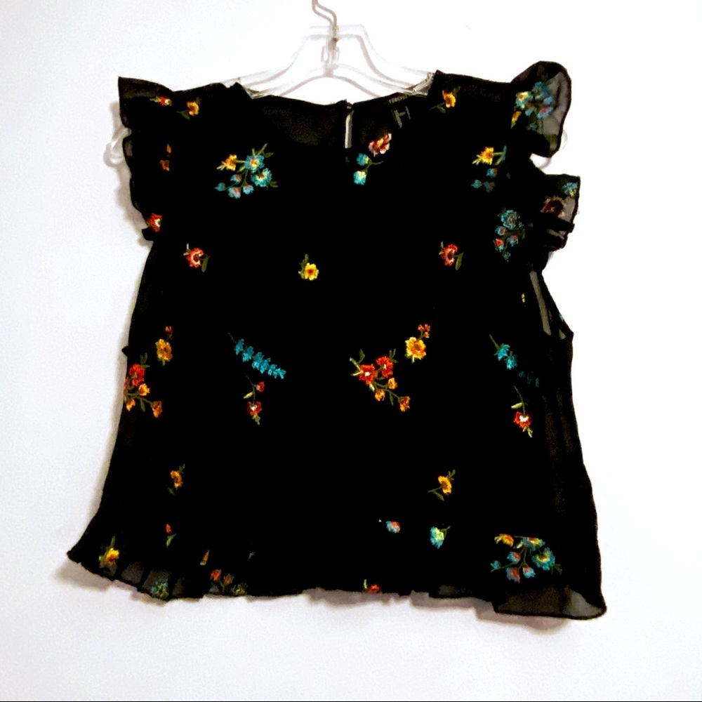 Forever 21 Sheer Black Floral Embroidered Top